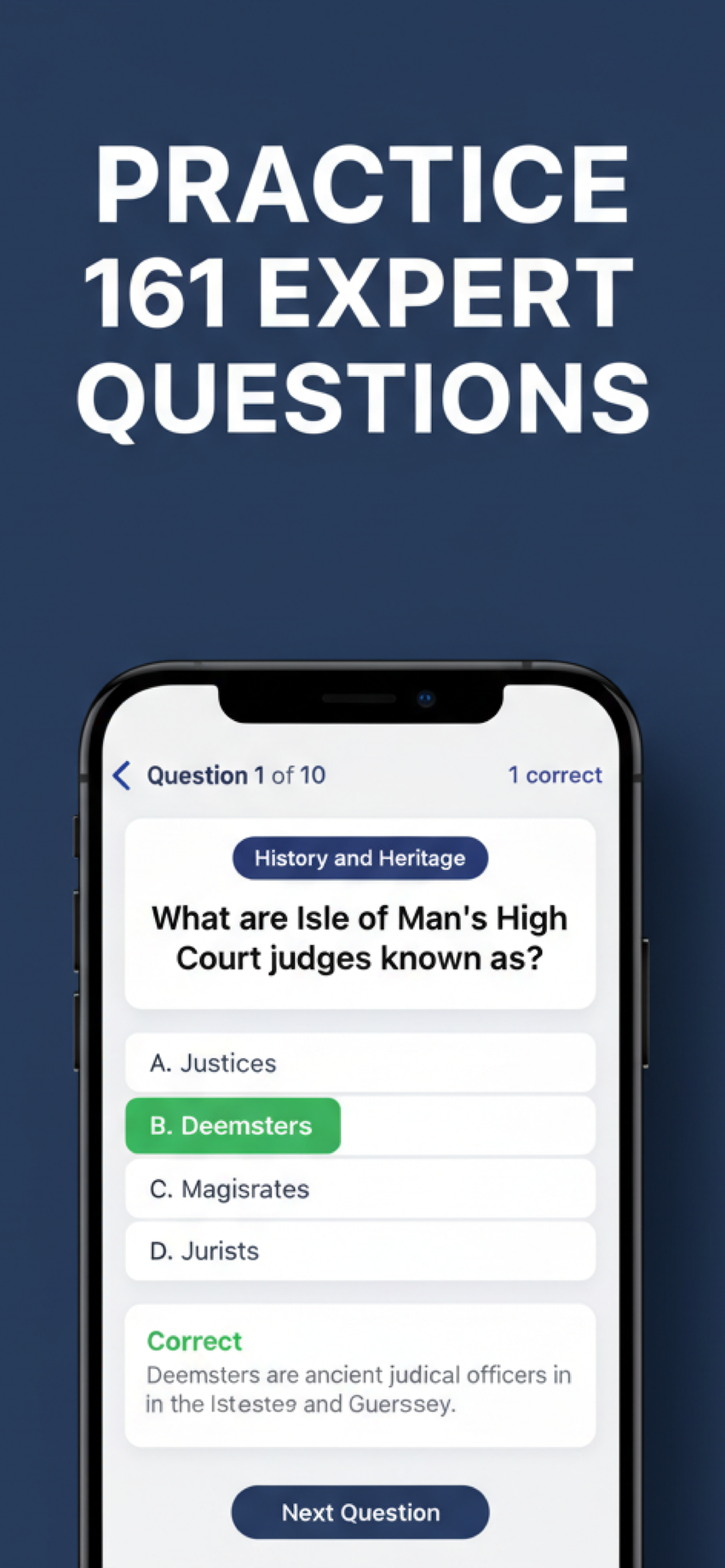 IOM Practice Tests quiz screen with multiple choice answers